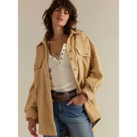 Free People WE THE FREE Relaxed Fit Shirt Peached Twill Jacket Shacket Large NWT